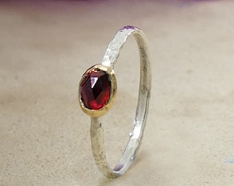 Mixed Metal Ring 0.6 Carat Natural Red Garnet Gemstone Two Tone Solid 9k Yellow Gold & 925 Sterling Silver Hammered Silver Ring, Minimalist