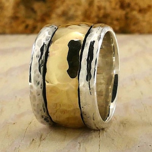 Massiver Gold Spinner Ring, handgefertigter gemischter Metallring, zweifarbiges 9k Gelbgold & 925 Sterlingsilber
