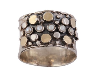 0.75 Carat Natural White Pearl Gemstone Two Tone Solid 9k Yellow Gold and 925 Sterling Silver Statement Ring Gemstone ring Mixed metal ring