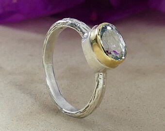 Blue Topaz Mixed Metal Ring 1.7 Carat Natural Blue Topaz Gemstone Two Tone Solid 9k Yellow Gold&925 Sterling Silver Solitaire Ring Gemstone