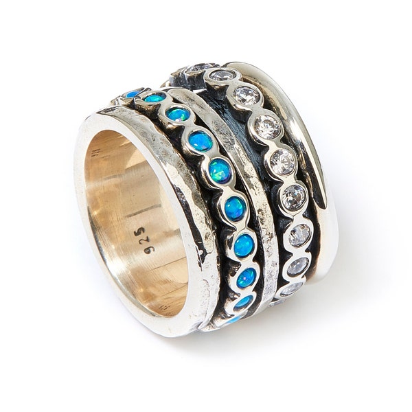 Spinner Ring For Woman 2.2 Carat Blue Opal And Cubic Zirconia Stones 925 Sterling Silver Spinner Ring Hammered Silver Ring, Statement Ring