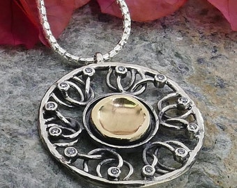 Boho Cubic Zirconia Pendant: 9k Gold & Sterling Silver Necklace