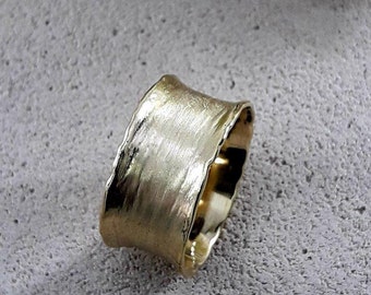 Unique Handcrafted Wide Hammered Wedding Ring Solid 14 Karat Yellow Gold Special Brush Finish, Statement Ring,Unique Bohemian Unisex Ring