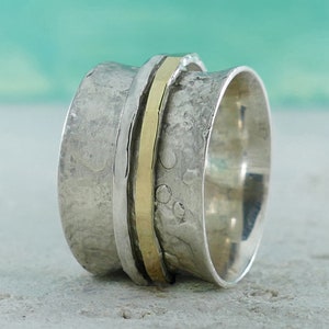 SPIRA Handgefertigter Zeitgenössischer Design-Spinner-Ring aus massivem 9 Karat Gelbgold und 925er Sterlingsilber, zweifarbiger Spinner-Ring