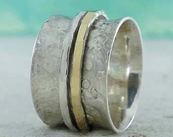 SPIRA Handcrafted Contemporary Design Two Tone Solid 9k Yellow Gold And 925 Sterling Silver Spinner Ring,Mixed metal ring,Unique unisex ring