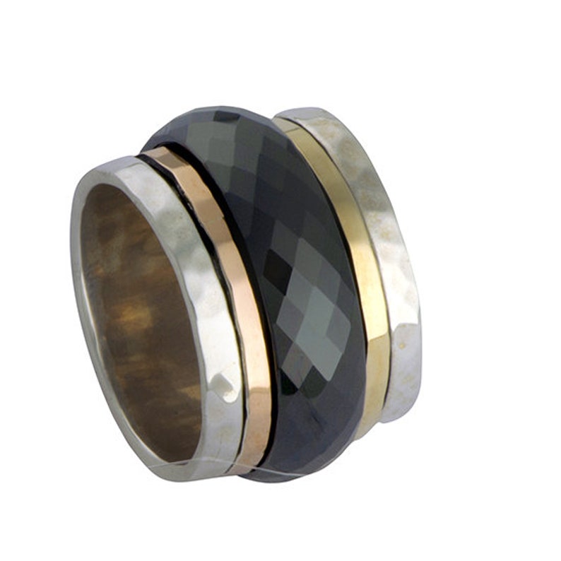 SPIRA Handcrafted Black Ceramic Two Tone Solid 9k Yellow /& Rose Gold 925 Sterling Silver Spinner Ring Set Setting