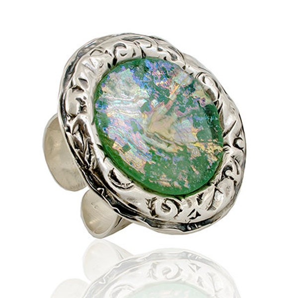 Green Ancient Roman Glass 925 Sterling Silver Statement Ring