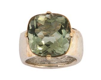 8 Carat Natural Green Amethyst Ring Two Tone Solid 9k Yellow Gold and 925 Sterling Silver Solitaire Ring Gemstone ring, Mixed metal ring