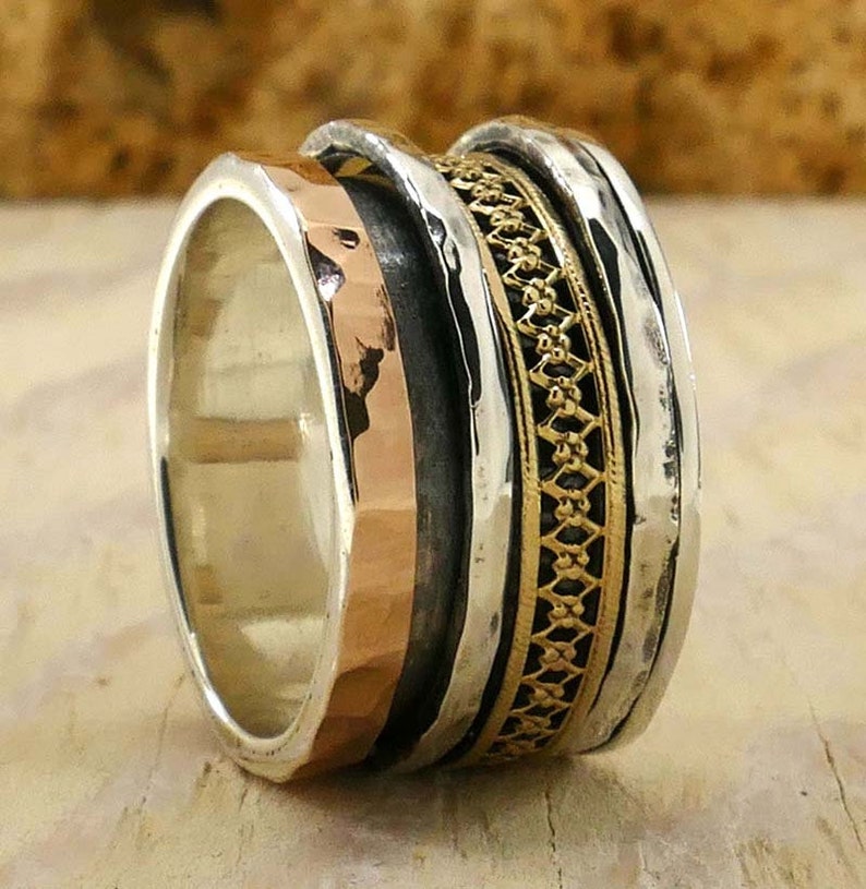 SPIRA Handcrafted Vintage Design Two Tone Solid 9k Yellow /& Rose Gold And 925 Sterling Silver Spinner Ring
