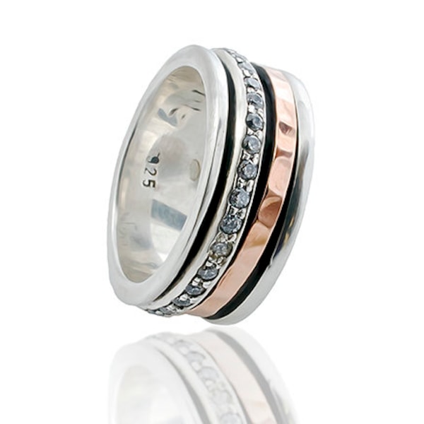 Mixed metal Ring 3.2 Carat White Cubic Zirconia Stone Two Tone Solid 9k Rose Gold & 925 Sterling Silver Spinner Ring Hammered Silver Ring