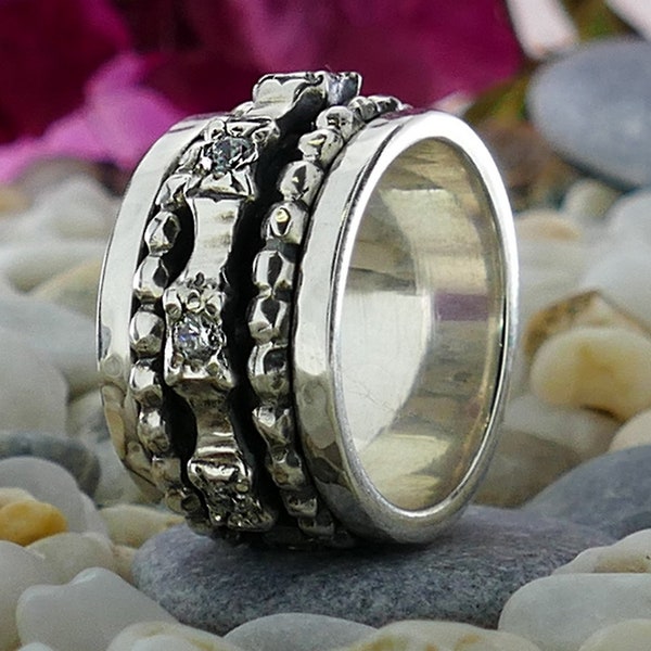 Mixed Metal Spinner Ring Cubic Zirconia Stone 925 Sterling Silver handmade Ring Setting,Large ring,Oxidized Silver Fidget ring,worry ring