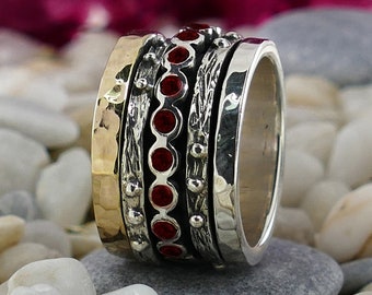 1.6 Carat Natural Red Garnet Gemstone Hammered Mixed metal Ring Two Tone Solid 9k Yellow Gold & 925 Sterling Silver Spinner Ring, Boho Ring