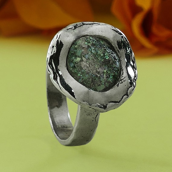 Statement Two Tone 9k Yellow Gold /& 925 Sterling Silver Roman Glass Ring