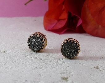 Gray Agate Druzy Stud Earrings14 karat Yellow Gold Filled, Everyday Earrings