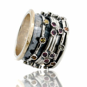 2.96 Carat Natural Multi-Color Tourmaline Gemstone Two Tone Solid 9k Yellow Gold&925 Sterling Silver Spinner Ring Set Setting, Gemstone ring