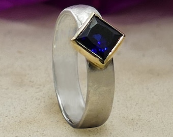 1.1 carati naturale blu zaffiro pietra preziosa misto metallo solido oro giallo 9k e argento sterling 925 solitario anello pietra preziosa