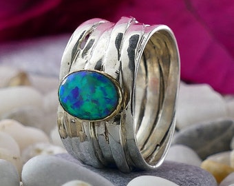 Blue Opal Mixed metal ring Two Tone Solid 9k Yellow Gold and 925 Sterling Silver Wrap Ring Set Setting Gemstone ring