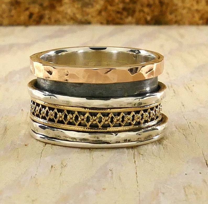 SPIRA Handcrafted Vintage Design Two Tone Solid 9k Yellow /& Rose Gold And 925 Sterling Silver Spinner Ring
