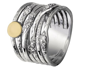 Sparkling Ring Two Tone Solid 9k Yellow Gold and 925 Sterling Silver Wrap Ring Cubic Zirconia Stone Set Setting, Large ring,Mixed metal ring