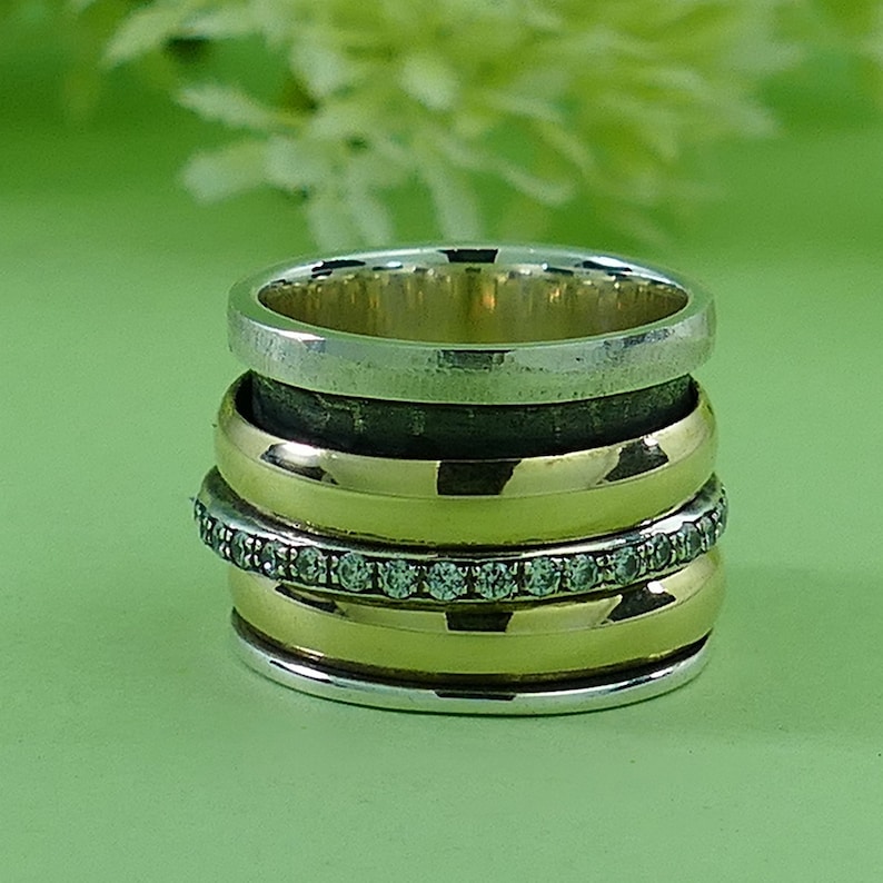 3.2 Carat White Cubic Zirconia Stone Two Tone Solid 9k Yellow Gold /& 925 Sterling Silver Spinner Ring Set Setting