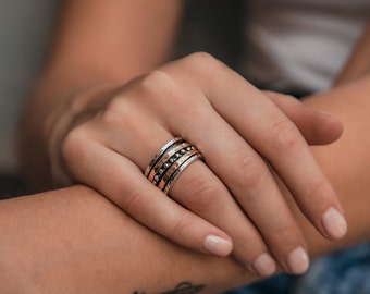 SPIRA Handcrafted Mixed metal Ring Two Tone Solid 9k Yellow Gold&925 Sterling Silver Spinner Ring,Oxidized Silver Fidget ring,Worry ring