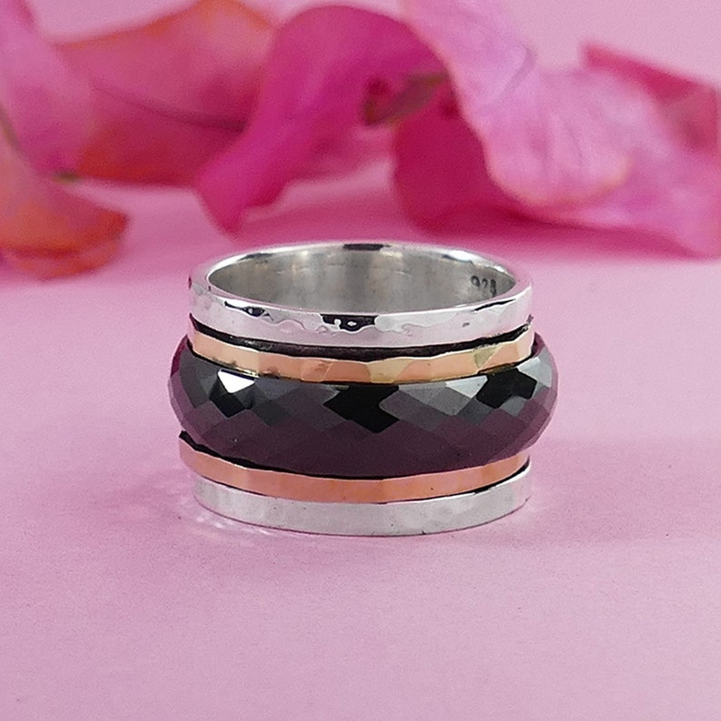 SPIRA Handcrafted Black Ceramic Two Tone Solid 9k Yellow /& Rose Gold 925 Sterling Silver Spinner Ring Set Setting