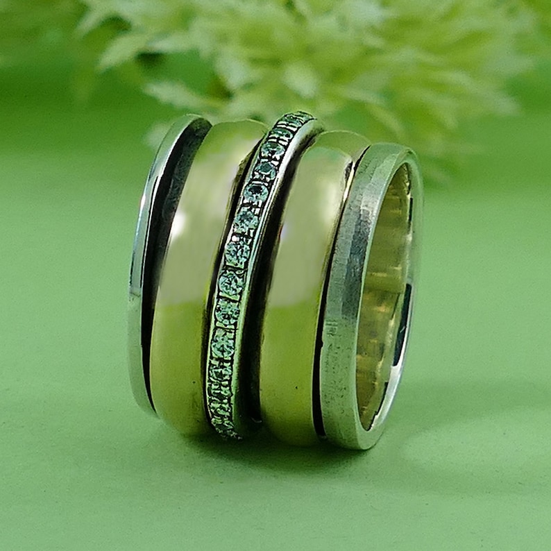 3.2 Carat White Cubic Zirconia Stone Two Tone Solid 9k Yellow Gold /& 925 Sterling Silver Spinner Ring Set Setting