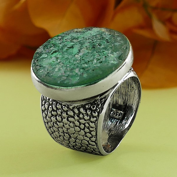 Large Green Ancient Roman Glass 925 Sterling Silver Statement Ring