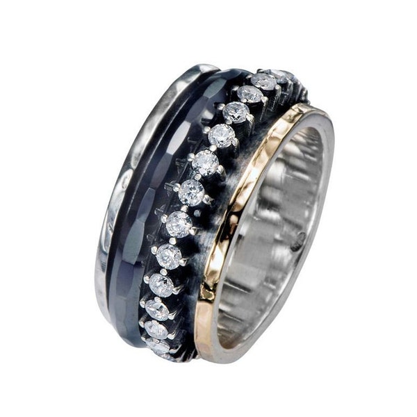 Black Ceramic White Cubic Zirconia Two Tone Solid 9k Yellow Gold & 925 Sterling Silver Spinner Ring , Bohemian ring, Unique Mixed metal ring