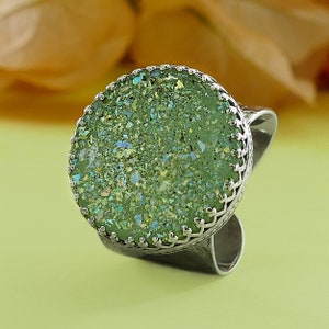 Large Green Roman Glass 925 Sterling Silver Statement Ring