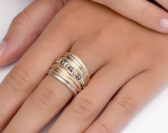 SPIRA Handcrafted Mixed Metal Ring Two Tone 14K Gold filled And 925 Sterling Silver Wrap Ring Wide two tone ring Large ring Bohemian ring