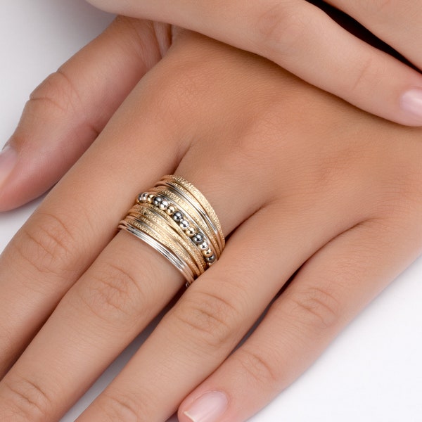 Anello in metallo misto artigianale bicolore riempito d'oro 14k e anello avvolgente in argento sterling 925 Anello largo bicolore