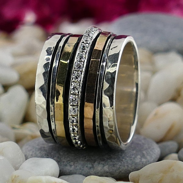 Unique Mixed Metal Spinner Ring Cubic Zirconia Stone Two Tone Solid 9k Yellow and Rose Gold 925 Sterling Silver Set Setting, Bohemian ring