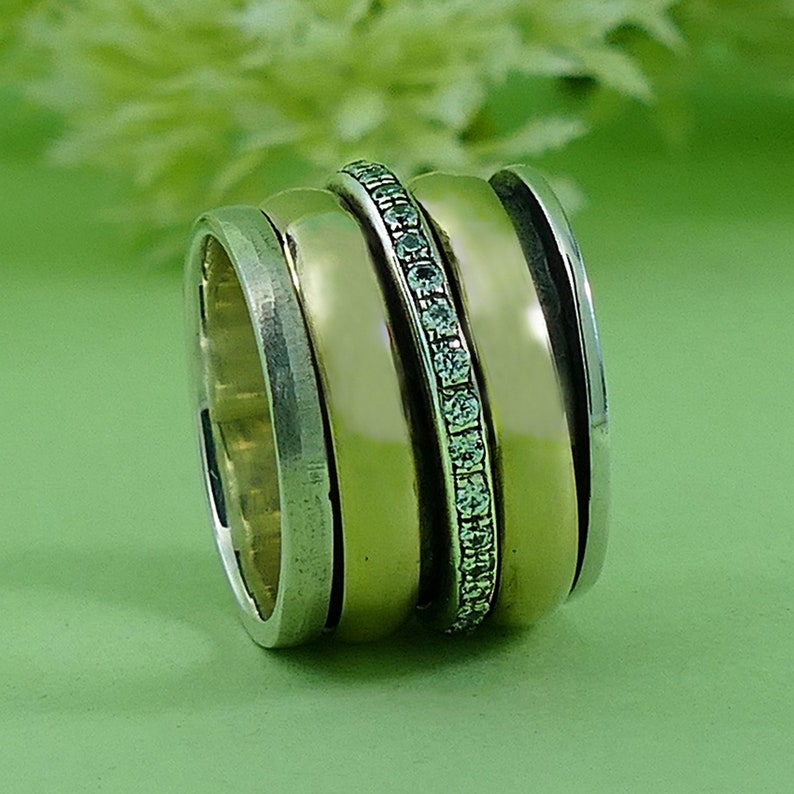 3.2 Carat White Cubic Zirconia Stone Two Tone Solid 9k Yellow Gold /& 925 Sterling Silver Spinner Ring Set Setting