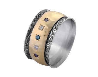 0.4 Carat Natural Round Multi-Color Diamond Two Tone Solid 9k Yellow Gold&925 Sterling Silver Cocktail Ring Gemstone ring Mixed metal ring