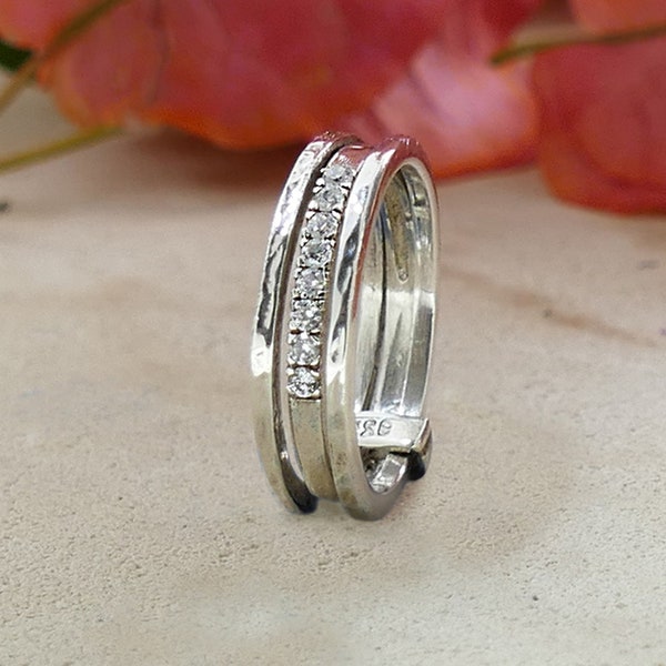 Einzigartiger stapelbarer Ring aus 925er Sterlingsilber 0,64 Karat weißer Zirkonia-Stein-Set, Zigeunerring, Boho-Ring, Hippie-Ring,Boho-Ring