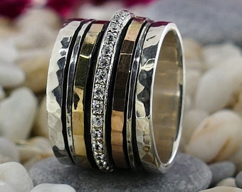 Two Tone Mixed Metal Spinner Ring, Cubic Zirconia Stone, Solid 9k Yellow & Rose Gold, 925 Sterling Silver Setting