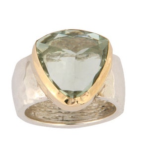 Gilded Serenity: Silver and Gold Ring with Green Amethyst Gemstone, Statement Ring