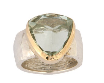 Gilded Serenity: Silver and Gold Ring with Green Amethyst Gemstone, Statement Ring