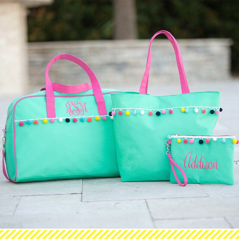 summer *NEW Summer 2019 Purse wedding graduation monogram spring Mint Emily Pom-Pom Tote birthday travel,fun