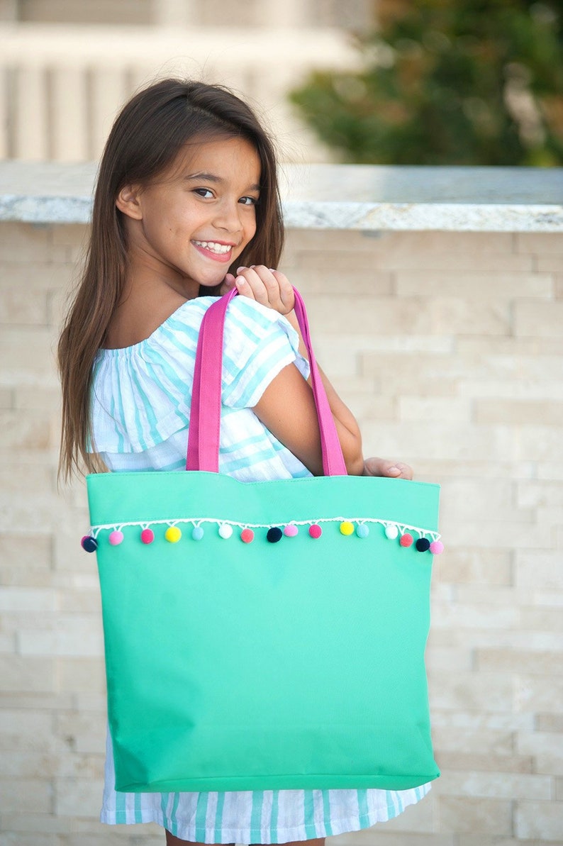 summer *NEW Summer 2019 Purse wedding graduation monogram spring Mint Emily Pom-Pom Tote birthday travel,fun