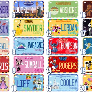 May include: A collection of colorful license plates featuring various Disney characters and themes. Each plate displays a name and the word "Family", with designs including Mickey Mouse, Stitch, and characters from Star Wars.