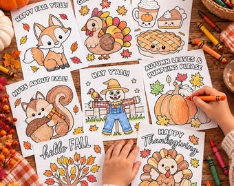 May include: A collection of seven coloring pages featuring autumn themes including a fox, a turkey, fall treats, a squirrel, a scarecrow, pumpkins, and a tree, with text such as Happy Fall Y'all, Gobble Gobble, Fall Treats, Nuts About Fall, Hay Y'all, Autumn Leaves & Pumpkins Please, Hello Fall, and Happy Thanksgiving.