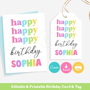 Carte d'anniversaire imprimable pour les enfants, cadeau d'anniversaire pour nièce fille petite-fille, étiquettes cadeaux d'anniversaire arc-en-ciel, carte d'anniversaire MODIFIABLE et étiquette