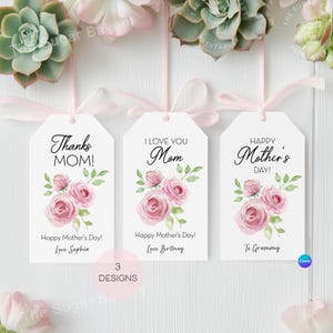 Etiquetas de presente florais para o dia das mães para impressão, 3 etiquetas de dia das mães para presente mãe mamãe avó etiquetas de presente para o dia das mães flor rosa etiqueta de mãe editável