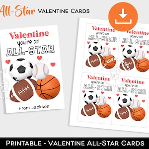 Cartões de dia dos namorados esportivos ALL-STAR imprimíveis para crianças, futebol, basquete, futebol, dia dos namorados, dia dos namorados em sala de aula, dia dos namorados da escola
