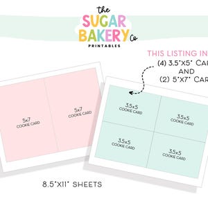 K&ouml;nnte beinhalten: Druckbare Bl&auml;tter im Format 8,5 x 11 Zoll mit einem Layout zum Erstellen von Kekskarten. Das Blatt enth&auml;lt vier Karten im Format 3,5 x 5 Zoll und zwei Karten im Format 5 x 7 Zoll. Der Text "This listing includes: (4) 3.5"x5" cards and (2) 5"x7" cards" ist auf dem Blatt enthalten.