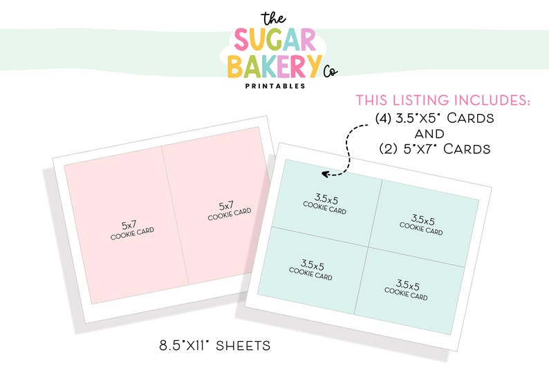 K&ouml;nnte beinhalten: Druckbare Bl&auml;tter im Format 8,5 x 11 Zoll mit einem Layout zum Erstellen von Kekskarten. Das Blatt enth&auml;lt vier Karten im Format 3,5 x 5 Zoll und zwei Karten im Format 5 x 7 Zoll. Der Text "This listing includes: (4) 3.5"x5" cards and (2) 5"x7" cards" ist auf dem Blatt enthalten.