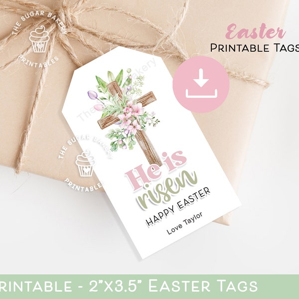 He is Risen EASTER TAG, Printable Easter Cookie Tags, Floral Cross Easter tag, Jesus Christian Easter gift tag, Sunday School Teacher gift