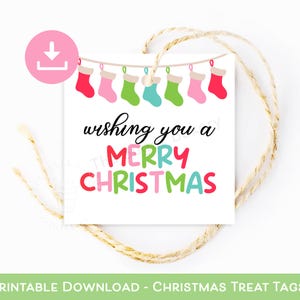 Afdrukbaar kerstsoklabel, ik wens je vrolijk kerstfeest-tag, Merry Christmas-cadeautag, kersttraktatietag, gepersonaliseerd kersttag